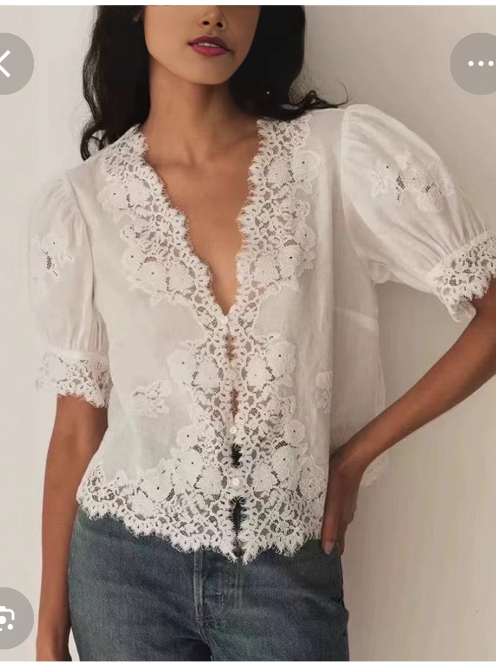 Doen White Lace-Inset Puff Sleeve Blouse - Picture 3 of 5
